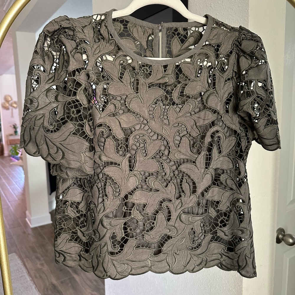 Express Embroidered Olive Green Puff Sleeve Top